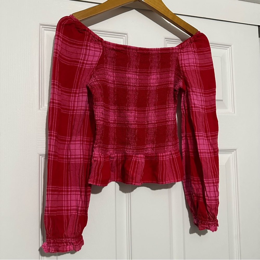 Thereabouts Smocked Plaid Peasant Top M Pink and Red Fall Autumn Preppy